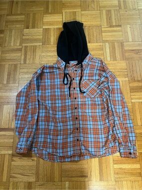 Little Grunge Little Goth Better Be Orange & Blue Plaid Shirt w Black Hood L